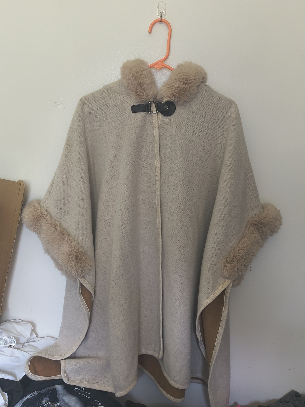 Women's Faux-Fur Trim Beige Cape Sweater